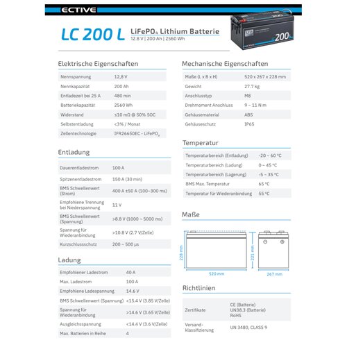 ECTIVE LC 200L 200 Ah 12V LiFePO4 Lithium Versorgungsbatterie